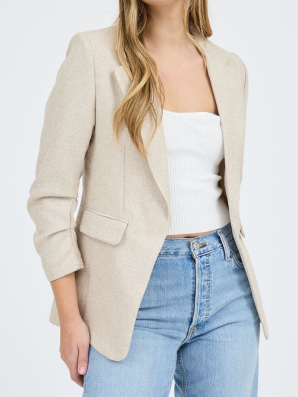 The Workshop Dori Ruched Sleeve Beige Blazer Size Large